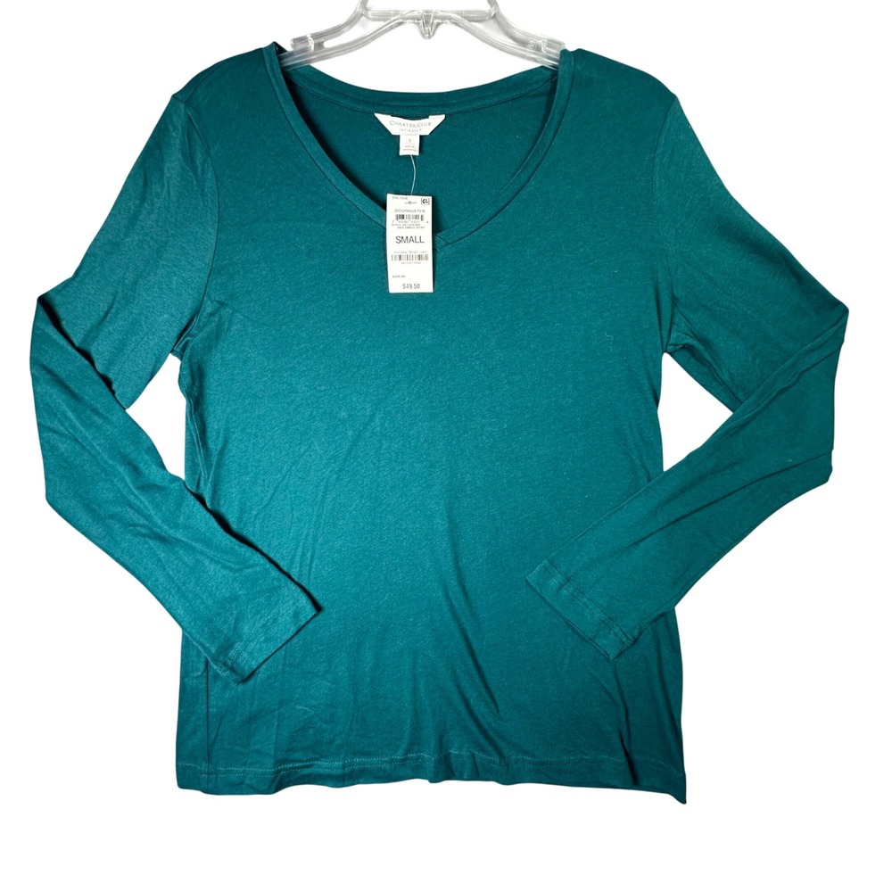 Charter Club V-Neck Long Sleeve Top Emerald Green Cotton Basic Small Minimalist
